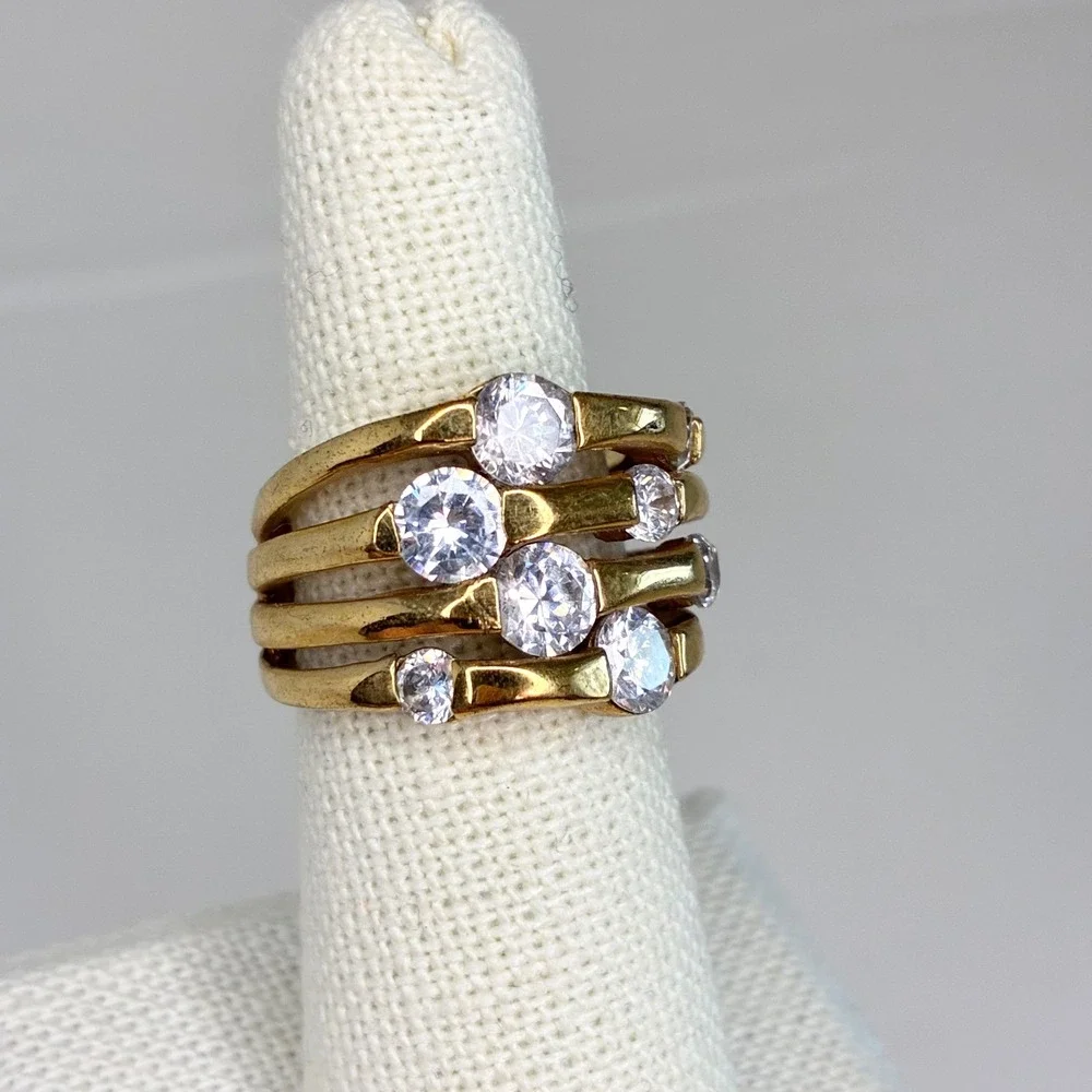 Vintage Ring Gold Tone Chunky Clear Stone Statement Multi Row Tiered Size 6.5